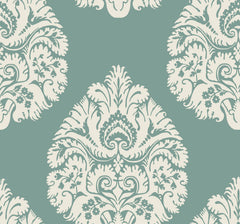 Ronald Redding Teardrop Damask Wallpaper featuring a repeating cream-colored teardrop damask pattern on a sage green background.
