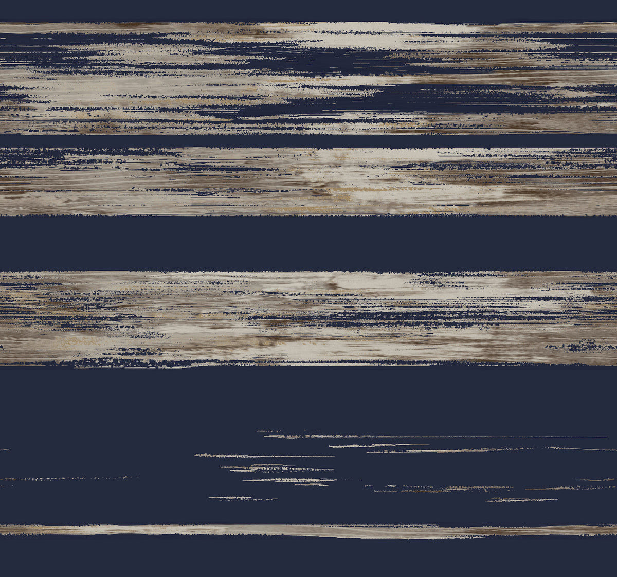 Ronald Redding Horizontal Dry Brush Wallpaper features horizontal bands of dark navy alternating with distressed, streaky beige and taupe brushwork.