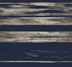 Ronald Redding Horizontal Dry Brush Wallpaper features horizontal bands of dark navy alternating with distressed, streaky beige and taupe brushwork.