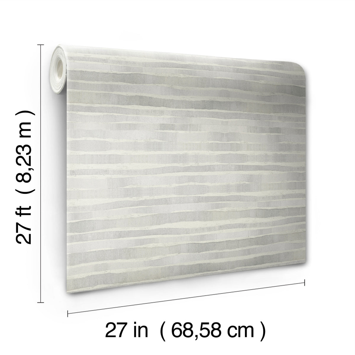 A roll of Ronald Redding Dreamscapes Wallpaper featuring a pattern of horizontal, irregular grey and white stripes, measuring 27 feet by 27 inches.