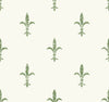 Ronald Redding Fleur De Lis Wallpaper featuring a repeating pattern of sage green, distressed fleur-de-lis symbols on an off-white background.