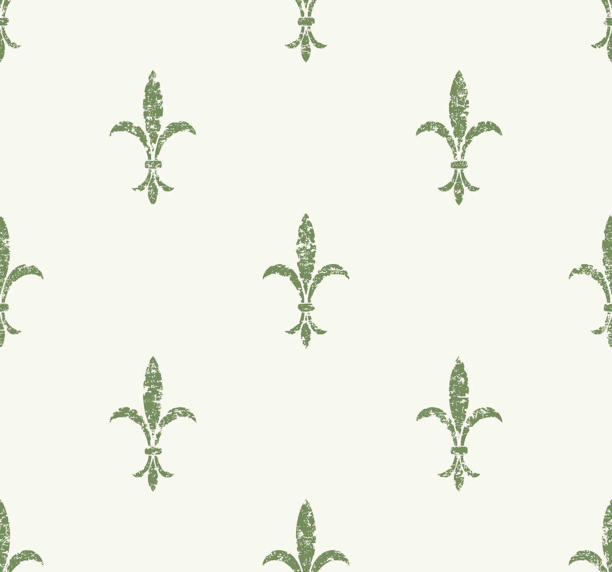 Ronald Redding Fleur De Lis Wallpaper featuring a repeating pattern of sage green, distressed fleur-de-lis symbols on an off-white background.
