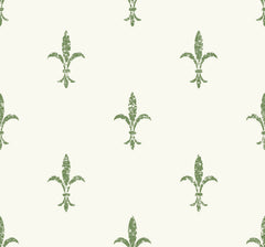 Ronald Redding Fleur De Lis Wallpaper featuring a repeating pattern of sage green, distressed fleur-de-lis symbols on an off-white background.