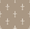 Repeating pattern of distressed, off-white fleur-de-lis icons on a tan background, from the Ronald Redding Fleur De Lis Wallpaper by York Wallcoverings.