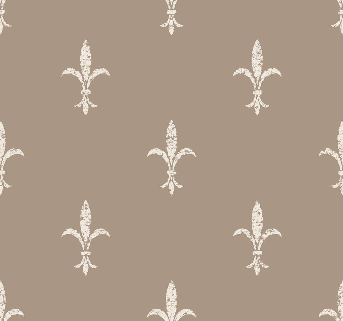Repeating pattern of distressed, off-white fleur-de-lis icons on a tan background, from the Ronald Redding Fleur De Lis Wallpaper by York Wallcoverings.