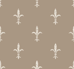 Repeating pattern of distressed, off-white fleur-de-lis icons on a tan background, from the Ronald Redding Fleur De Lis Wallpaper by York Wallcoverings.