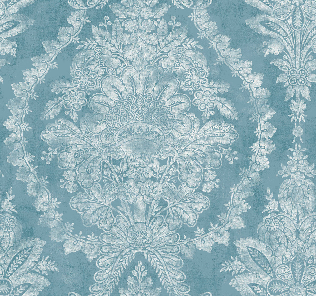 Ronald Redding Charleston Damask Wallpaper featuring a large-scale, ornate white damask floral pattern on a light blue background.