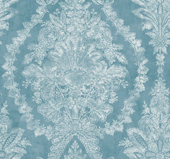 Ronald Redding Charleston Damask Wallpaper featuring a large-scale, ornate white damask floral pattern on a light blue background.