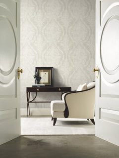 Ronald Redding Charleston Damask Wallpaper in light gray, featuring a large-scale, ornate damask pattern.