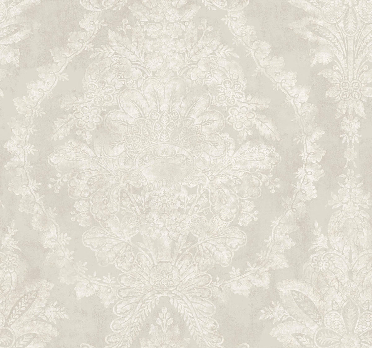 Ronald Redding Charleston Damask Wallpaper featuring a repeating beige damask floral pattern.
