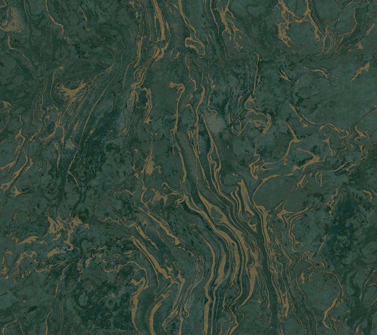 Ronald Redding Polished Marble Wallpaper featuring a dark green marble pattern with flowing, metallic gold veins.
