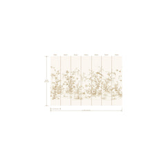 Diagram of eight vertical panels from the Ronald Redding Flowering Vine Chino Wall Mural by York Wallcoverings, featuring delicate botanical and bird illustrations, with measurements shown for height and total width, presented against a plain white background.