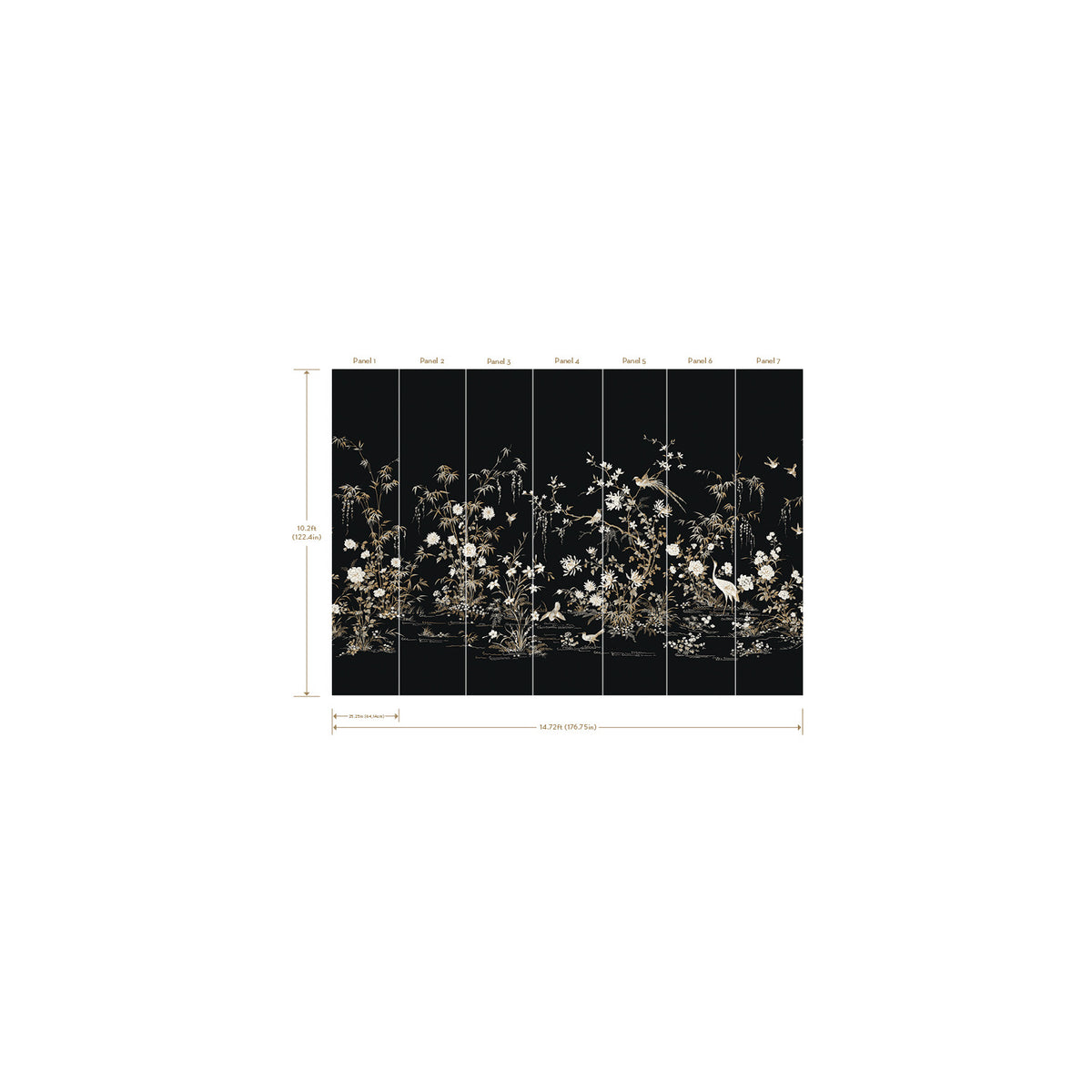 The Ronald Redding Flowering Vine Chino Wall Mural by York Wallcoverings features seven black vertical panels, each adorned with intricate gold botanical and floral designs. The mural’s dimensions are indicated by both horizontal and vertical measurement lines.