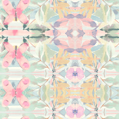 Synchronized Wallpaper features a seamless pattern of repeating watercolor motifs with pink butterfly-like shapes and soft-toned foliage in a symmetrical layout.