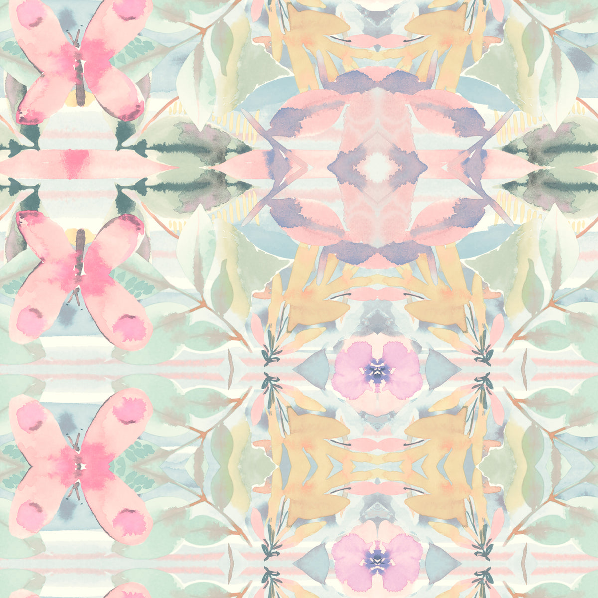 Synchronized Wallpaper features a seamless pattern of repeating watercolor motifs with pink butterfly-like shapes and soft-toned foliage in a symmetrical layout.