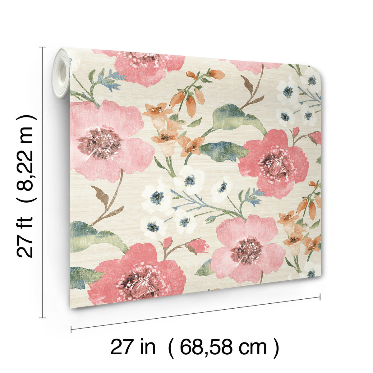 Introducing Evelyn Floral Wallpaper by York Wallcoverings—a roll featuring pink, orange, and white flowers with green leaves. The wallpaper measures 27 feet by 27 inches (8.22 meters by 68.58 centimeters).