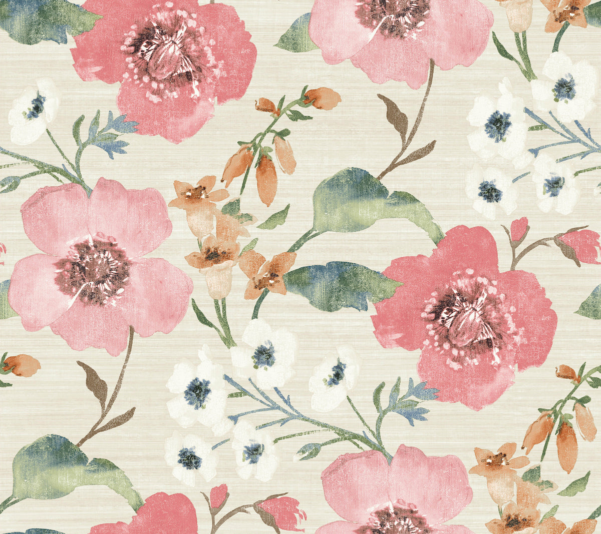 The Evelyn Floral Wallpaper by York Wallcoverings features a watercolor, vintage-inspired design with large pink flowers, smaller white and orange blossoms, green leaves, and a beige background.