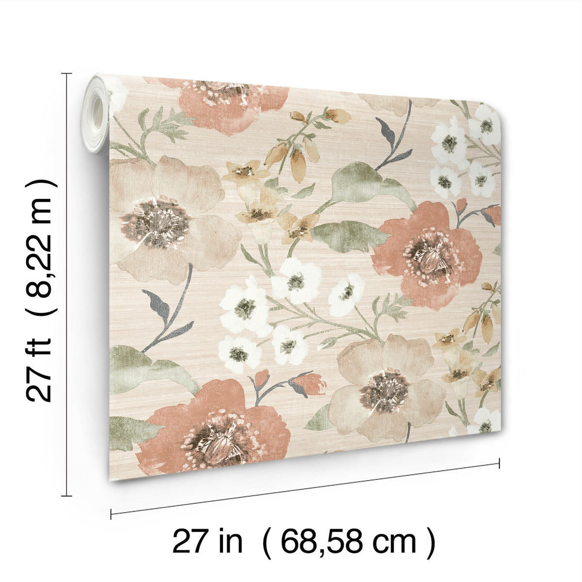 Evelyn Floral Wallpaper by York Wallcoverings features large peach, white, and beige flowers on a light background. Each roll measures 27 feet (8.22 m) long by 27 inches (68.58 cm) wide.