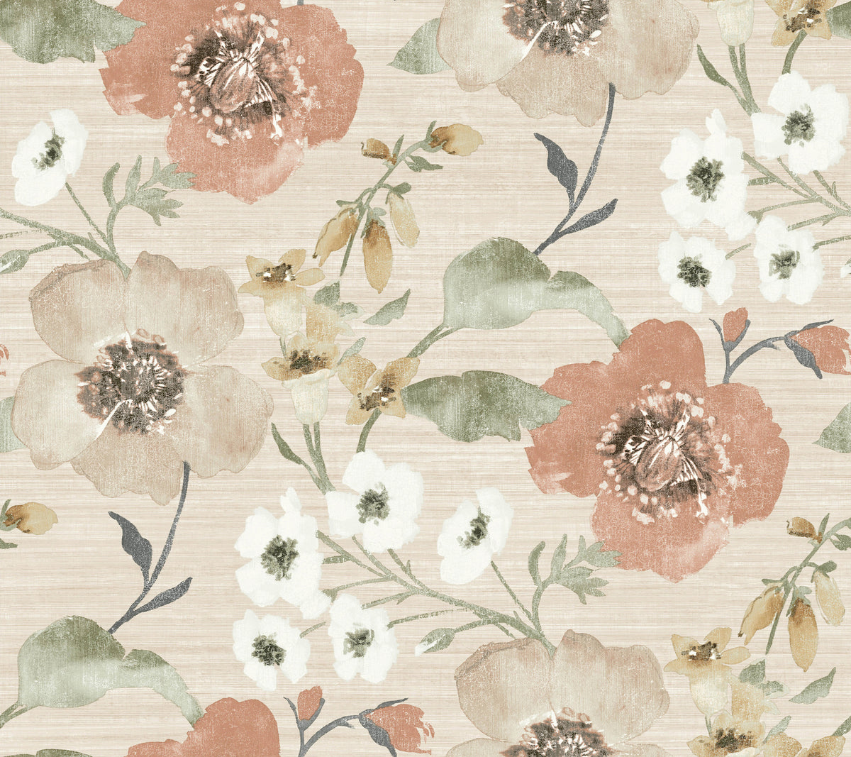Evelyn Floral Wallpaper by York Wallcoverings features a delicate, vintage-inspired design with large watercolor-style flowers in peach, white, and soft green, accompanied by leaves and stems on a beige textured background.