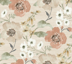Evelyn Floral Wallpaper by York Wallcoverings features a delicate, vintage-inspired design with large watercolor-style flowers in peach, white, and soft green, accompanied by leaves and stems on a beige textured background.