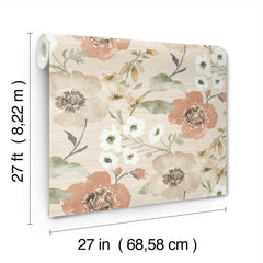 The Evelyn Floral Wallpaper by York Wallcoverings features large pink, cream, and beige flowers in a striking floral design. Each roll measures 27 feet long and 27 inches (68.58 cm) wide.