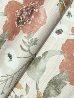 A close-up of the Evelyn Floral Wallpaper by York Wallcoverings, featuring large red and white flowers with green leaves on a light beige background.