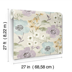 The Evelyn Floral Wallpaper by York Wallcoverings features a roll adorned with pastel blue, purple, and yellow flowers. Each roll measures 27 feet (8.22 meters) long and 27 inches (68.58 centimeters) wide.