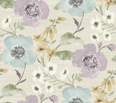 Evelyn Floral Wallpaper by York Wallcoverings features a seamless design of large pastel blue, lavender, and white flowers with yellow accents and green leaves set against a light beige textured background.
