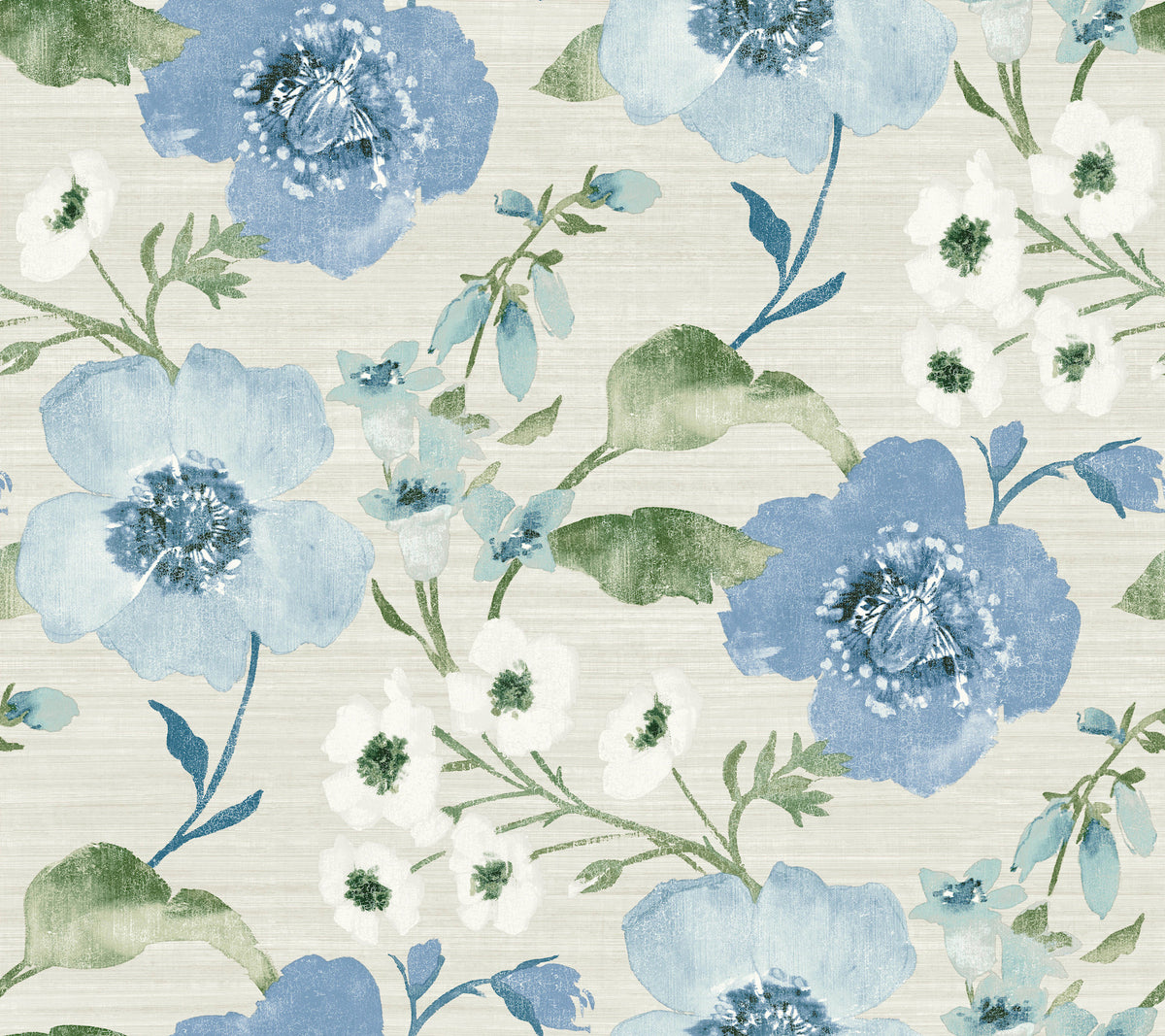 Evelyn Floral Wallpaper by York Wallcoverings features a seamless pattern of large blue and small white watercolor flowers with green leaves on a light beige textured background, creating a soft, vintage, and botanical look.