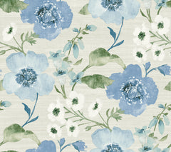 Introducing the Evelyn Floral Wallpaper by York Wallcoverings, featuring a seamless pattern of blue and white watercolor flowers with green leaves set against a light beige textured background.