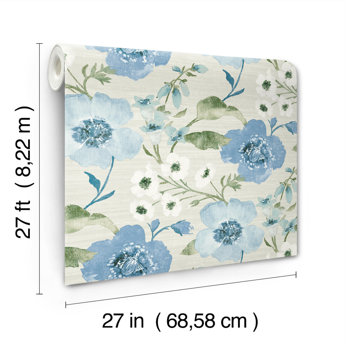 The Evelyn Floral Wallpaper by York Wallcoverings features a blue and green floral pattern and comes in a roll measuring 27 feet long and 27 inches (68.58 cm) wide.
