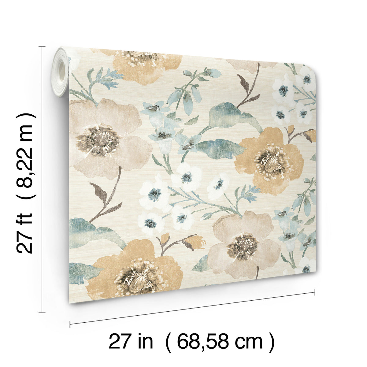 The Evelyn Floral Wallpaper by York Wallcoverings features large beige and yellow flowers with blue leaves. Each roll measures 27 feet (8.22 m) in length and 27 inches (68.58 cm) in width.