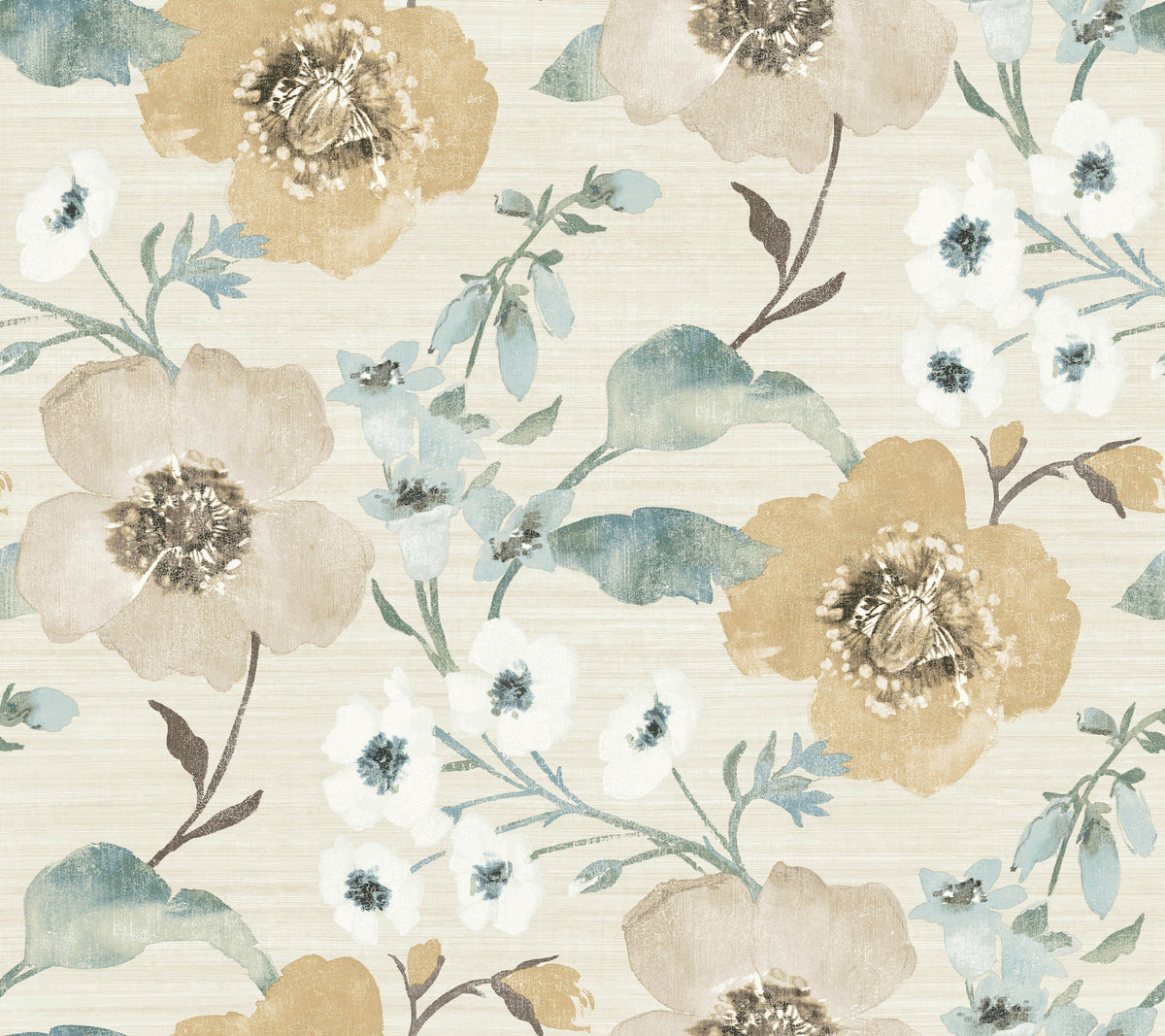 Evelyn Floral Wallpaper by York Wallcoverings features a beige background adorned with a repeating watercolor pattern of large yellow flowers, delicate white blossoms, blue-green leaves, and brown stems.
