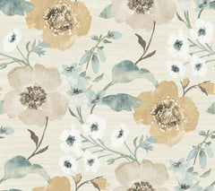 Evelyn Floral Wallpaper by York Wallcoverings features a beige background adorned with a repeating watercolor pattern of large yellow flowers, delicate white blossoms, blue-green leaves, and brown stems.