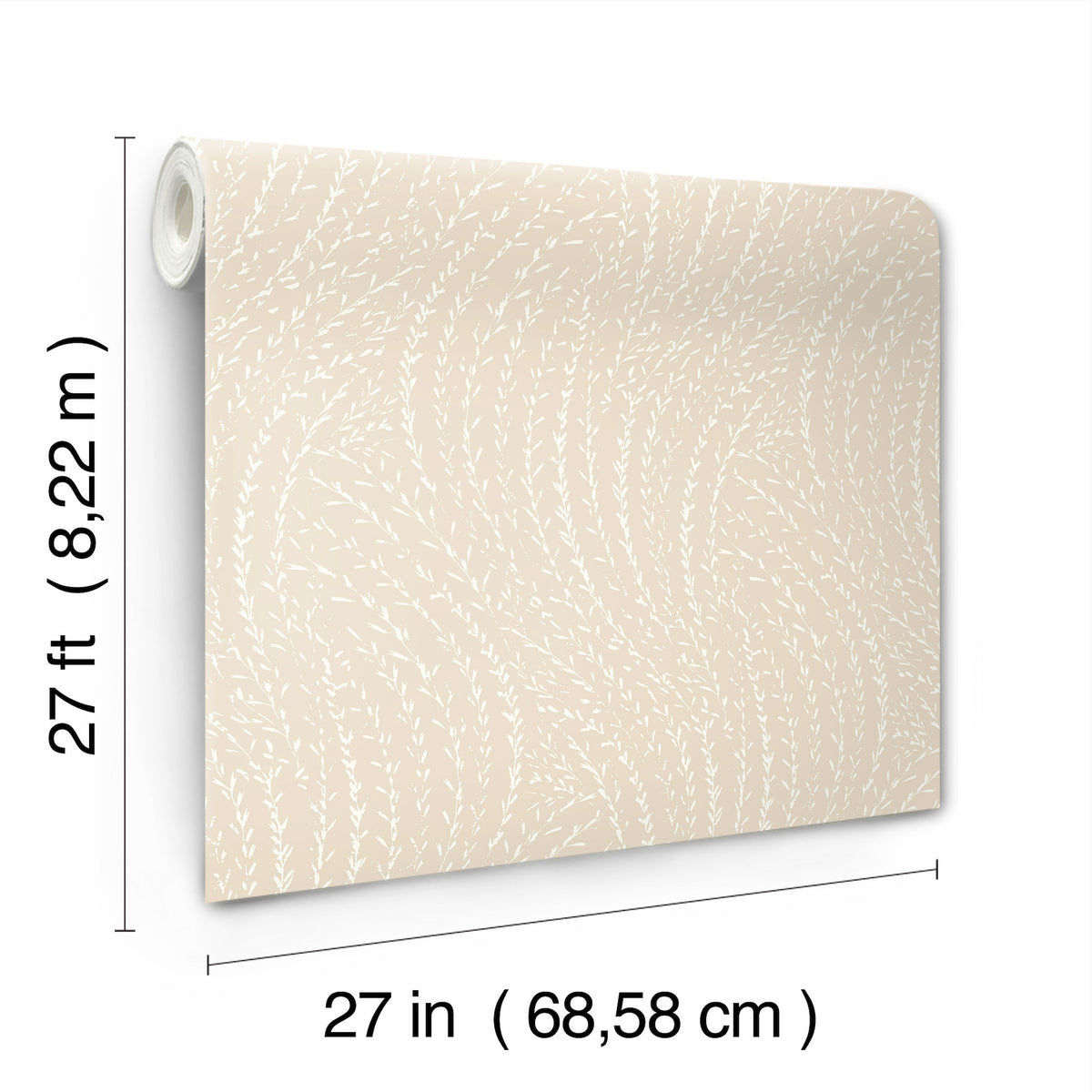 The Willow Song Botanical Wallpaper by York Wallcoverings is displayed unrolled, featuring a white leafy pattern on a beige background, and measures 27 feet in length and 27 inches in width.