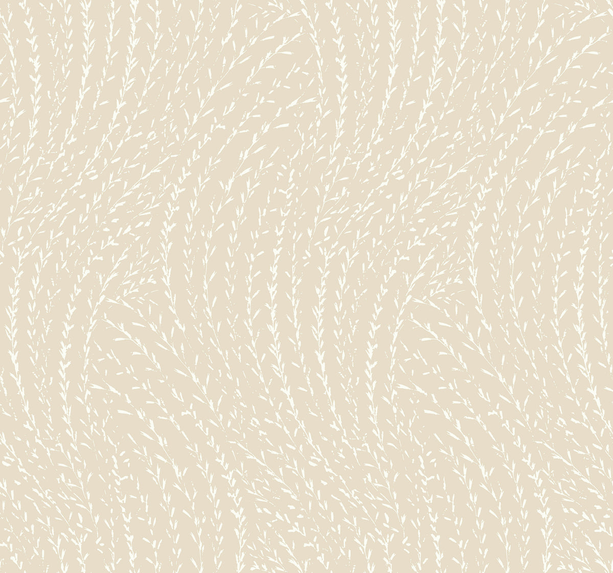 Willow Song Botanical Wallpaper by York Wallcoverings features a beige background adorned with a subtle, repeating pattern of delicate white curved lines that evoke abstract leaves or gently swaying grasses. This soft, organic design creates a calm and natural ambiance.