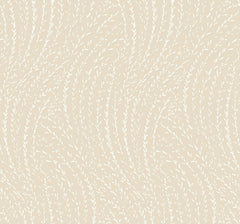 Willow Song Botanical Wallpaper by York Wallcoverings features a beige background adorned with a subtle, repeating pattern of delicate white curved lines that evoke abstract leaves or gently swaying grasses. This soft, organic design creates a calm and natural ambiance.