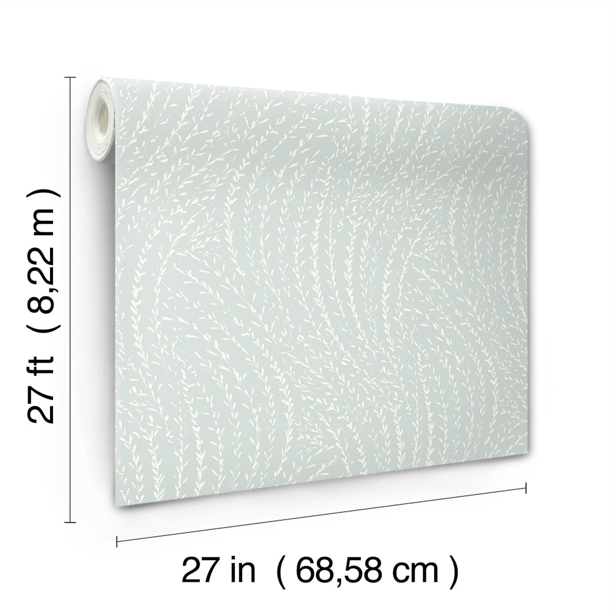 Willow Song Botanical Wallpaper by York Wallcoverings features a light blue background with a white leafy pattern and comes in rolls measuring 27 feet (8.22 meters) long by 27 inches (68.58 cm) wide.