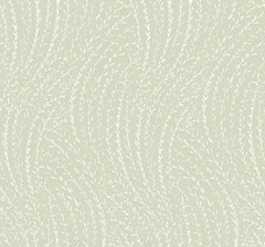 Willow Song Botanical Wallpaper by York Wallcoverings features a light beige background adorned with wavy, flowing lines and delicate leaf motifs, evoking the look of wind-blown grass or foliage.