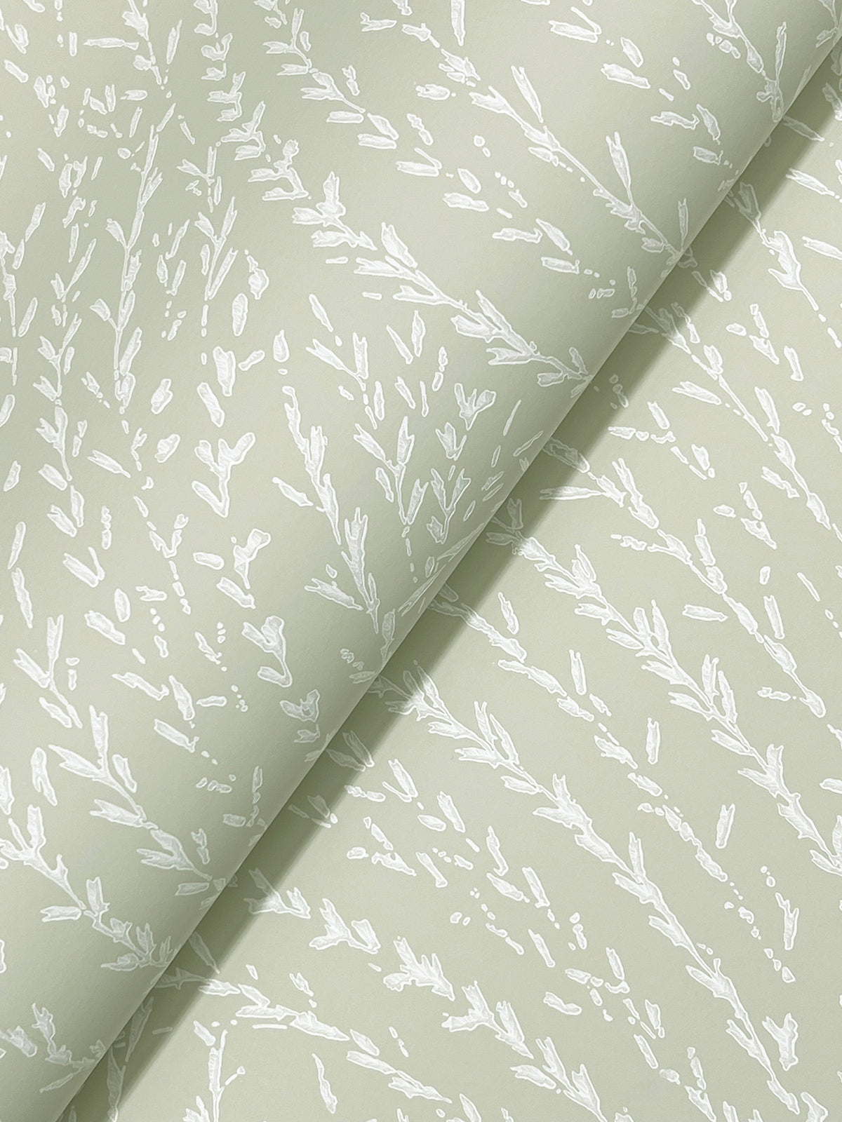 Willow Song Botanical Wallpaper by York Wallcoverings displays a light green background adorned with a subtle white botanical pattern of delicate leaves and branches. The wallpaper is pictured at an angle, with a visible fold creating a diagonal shadow.