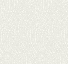 Willow Song Botanical Wallpaper by York Wallcoverings features a light gray background adorned with a delicate, repeating pattern of wavy, thin white lines that evoke the look of stylized leaves or grass blades, lending a gentle, organic, and calming texture to any space.