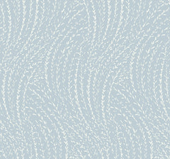 The Willow Song Botanical Wallpaper by York Wallcoverings features a light blue and white seamless pattern of curving, wavy lines that resemble delicate, swaying grass or leaves, creating a soft, flowing, and natural texture.
