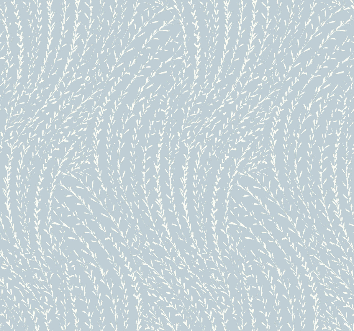 Elevate your space with the Willow Song Botanical Wallpaper by York Wallcoverings, featuring a seamless pattern of white, curved leafy branches on a light blue background that creates a flowing, natural design.