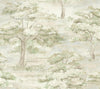 Experience the serene charm of nature with York Wallcoverings’ Moreno Woodland Wallpaper, featuring watercolor-style illustrations of leafy trees and shrubs in muted green and beige tones on a textured light background—perfect for creating a tranquil, vintage-inspired atmosphere.