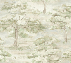 The Moreno Woodland Wallpaper by York Wallcoverings features a watercolor-style illustration of green trees and bushes on a textured beige background, creating a soft, nature-inspired landscape pattern.
