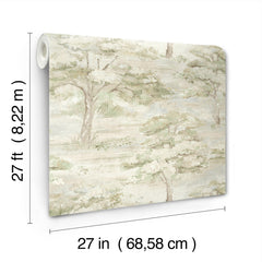 A roll of York Wallcoverings’ Moreno Woodland Wallpaper, featuring a muted tree pattern, measures 27 feet (8.22 m) in length and 27 inches (68.58 cm) in width.