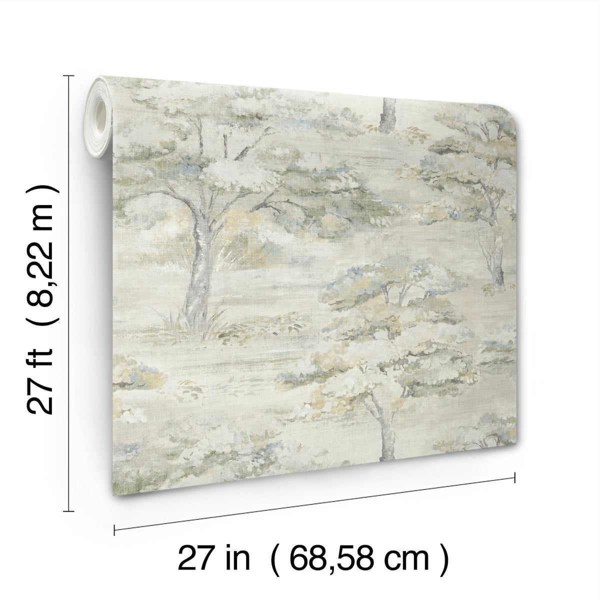 The Moreno Woodland Wallpaper by York Wallcoverings is shown, featuring a muted tree pattern. The roll measures 27 feet (8.22 meters) in length and 27 inches (68.58 cm) in width.