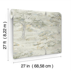 The Moreno Woodland Wallpaper by York Wallcoverings is shown, featuring a muted tree pattern. The roll measures 27 feet (8.22 meters) in length and 27 inches (68.58 cm) in width.