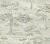 The Moreno Woodland Wallpaper by York Wallcoverings showcases hand-painted trees with green and white foliage on a light beige background, creating a peaceful and natural landscape scene.