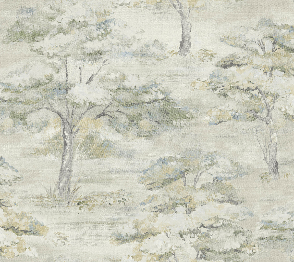 The Moreno Woodland Wallpaper by York Wallcoverings showcases hand-painted trees with green and white foliage on a light beige background, creating a peaceful and natural landscape scene.